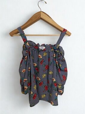 Twine & String Whimsical Floral Gingham Off-Shoulder Picnic Top Size Large